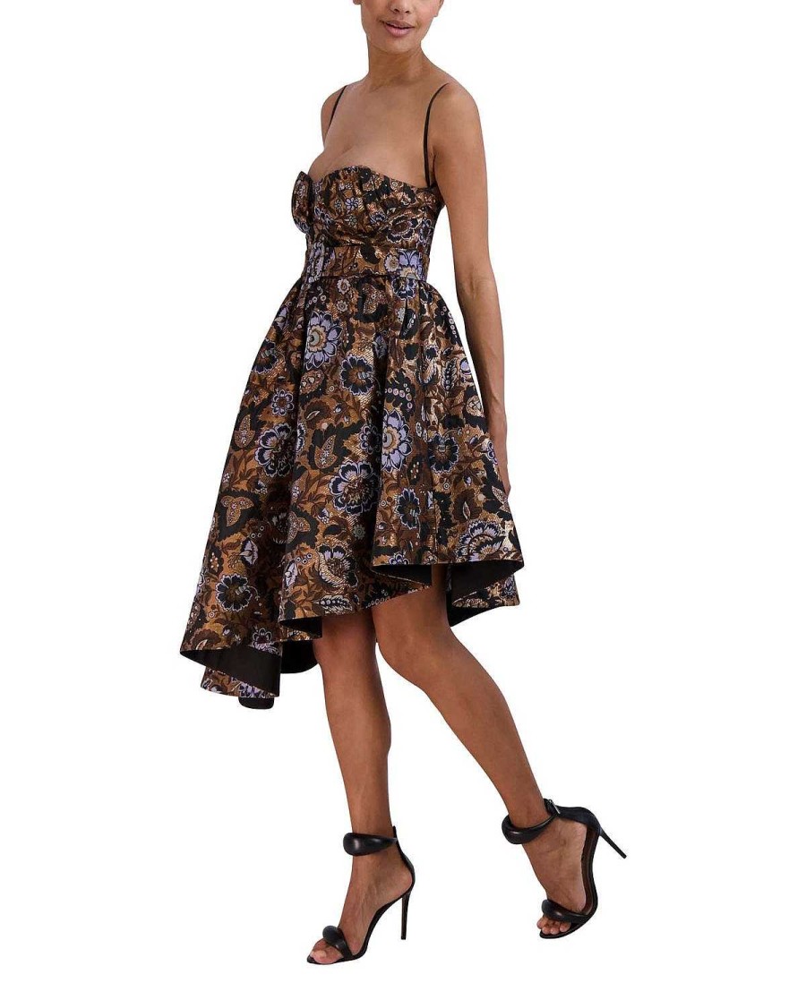 BCBG MAX AZRIA Cocktail | Hohes Und Niedriges Asymmetrisches Metallisches Blumen-Jacquard-Kleid