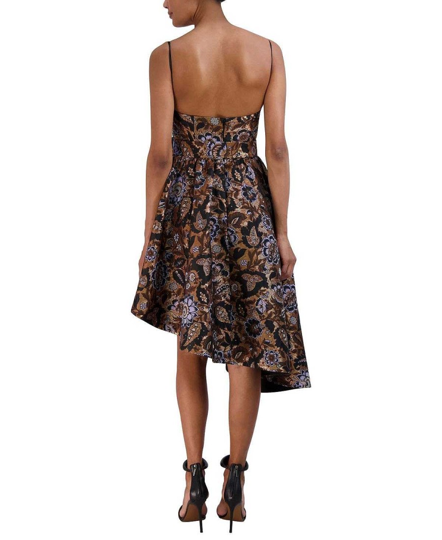 BCBG MAX AZRIA Cocktail | Hohes Und Niedriges Asymmetrisches Metallisches Blumen-Jacquard-Kleid